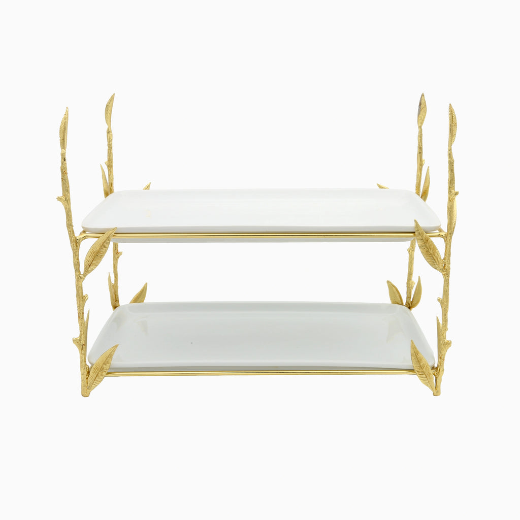 Elevate Your Home Decor with the Two-Tiered Porcelain Serving Platter with Gold-Plated Stand. NOBLE HOME GIFTS