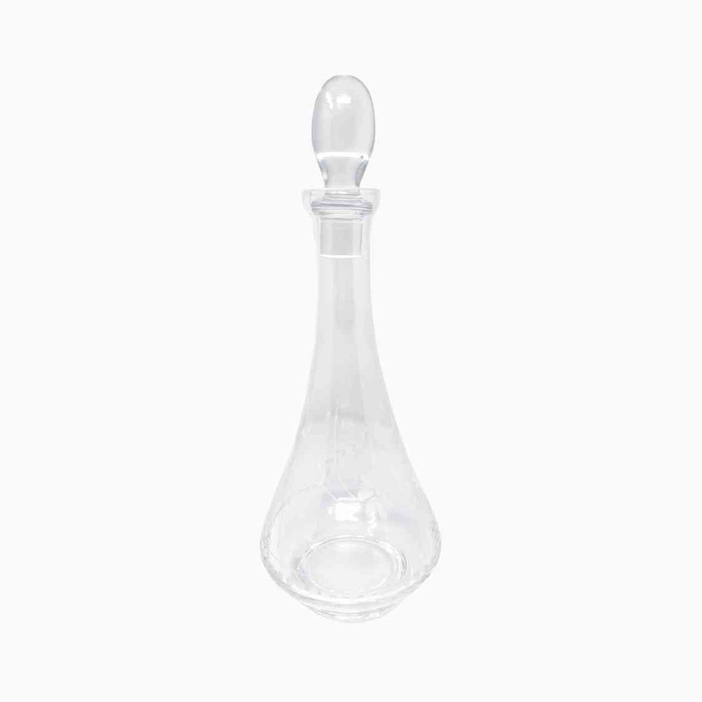 WHITE FLORAL DECORATED WINE VESSEL AND SIX PIECE GLASS SET