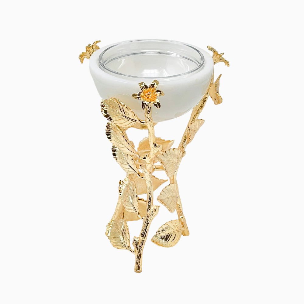 WHITE MARBLE SNACK BOWL ON GOLDEN BRASS AND STEEL STAND,SPRING LEAF