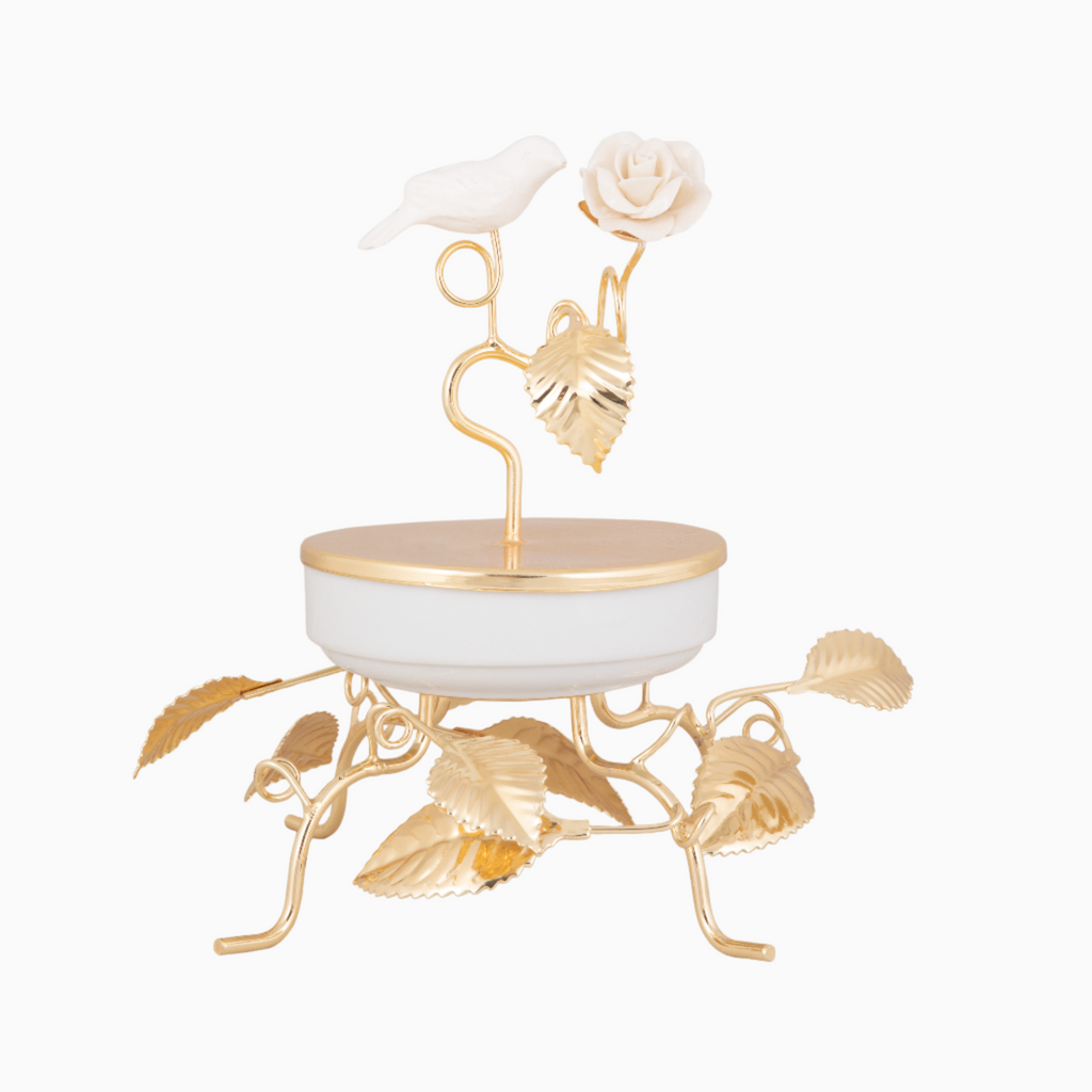 WHITE PORCELAIN SNACK BOWL ON FOOT WITH LID, FLOWER AND BIRD COLLECTION. NOBLE HOME GIFTS
