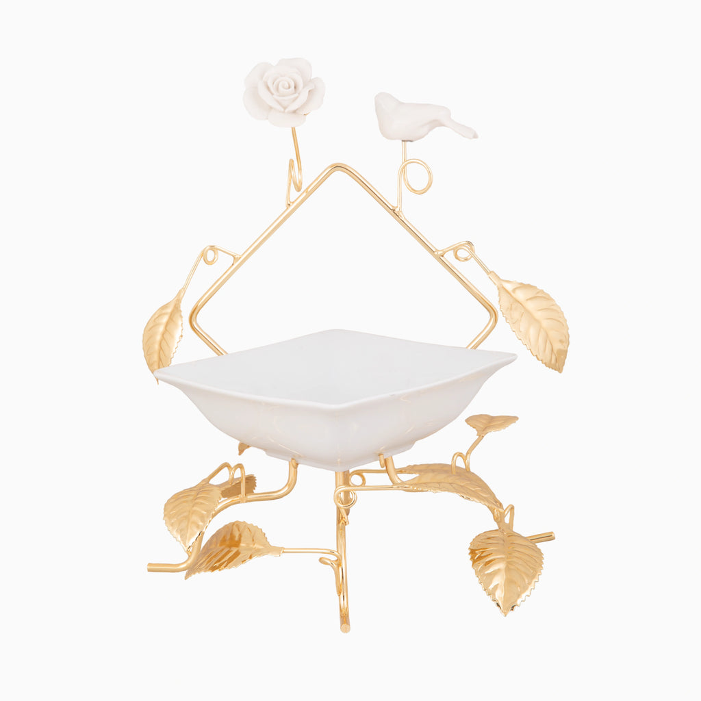 WHITE PORCELAIN SNACK BOWL ON GOLDEN TONE STAND, BIRD AND FLOWER COLLECTION. NOBLE HOME GIFTS