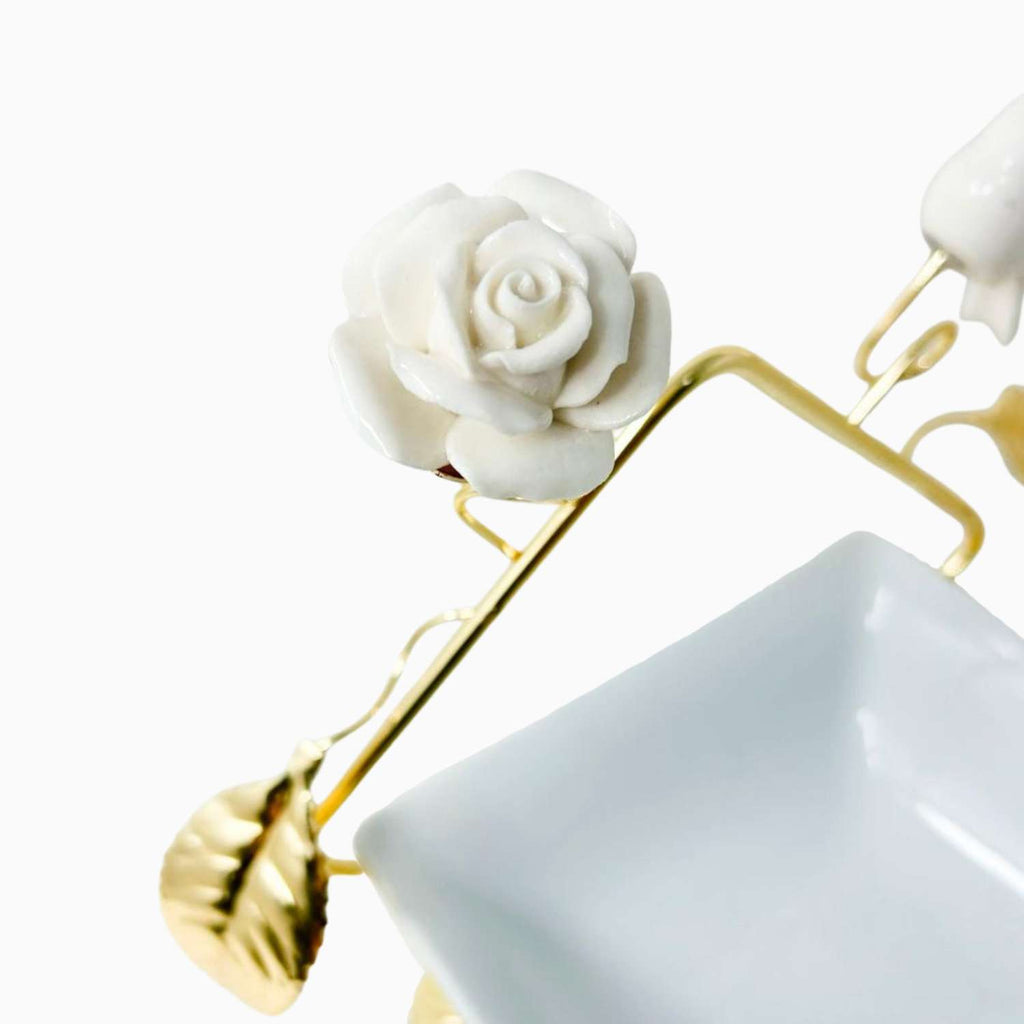 WHITE PORCELAIN SNACK BOWL ON GOLDEN TONE STAND, BIRD AND FLOWER COLLECTION