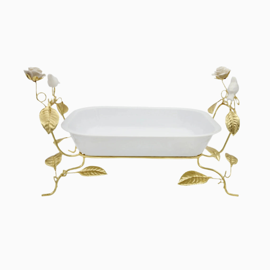 WHITE RECTANGULAR SERVING BOWL ON GOLDEN TONE STAND