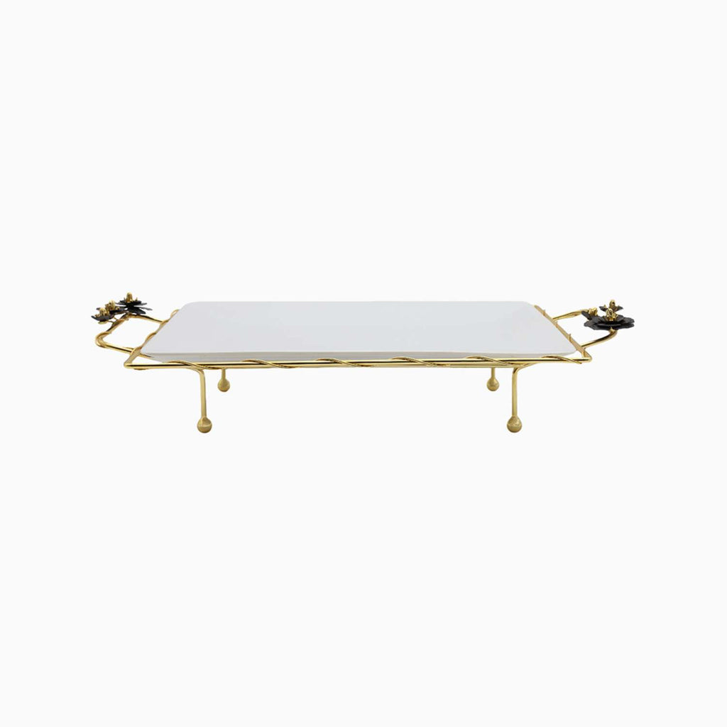 Decorative serving plate with marble surface and gold metal frame on a white background