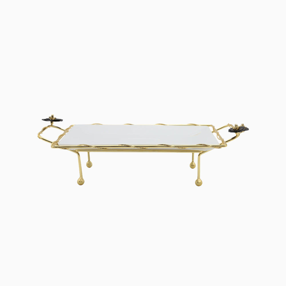 WHITE RECTANGULAR SERVING PLATE ON GOLDEN TONE STAND