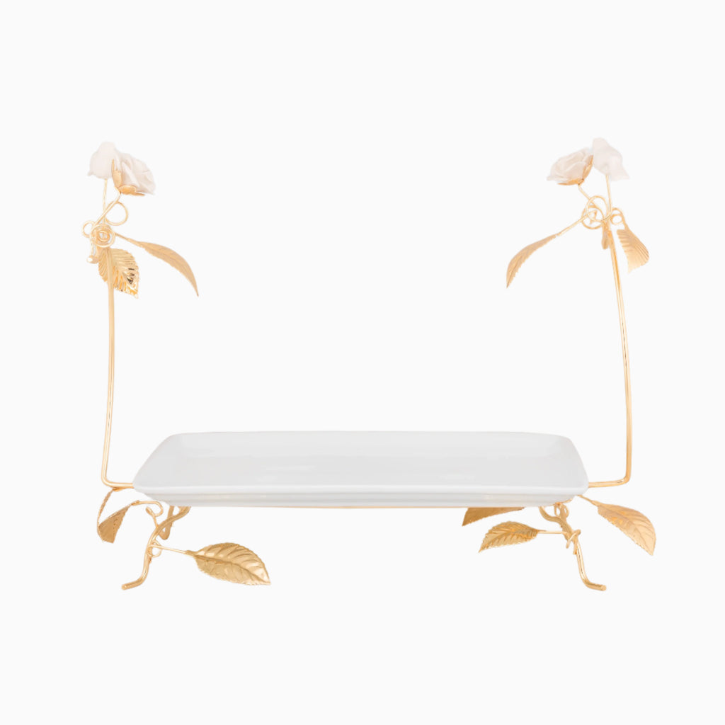 WHITE RECTANGULAR SERVING PLATE ON GOLDEN TONE STAND, BIRD AND FLOWER COLLECTION. NOBLE HOME GIFTS