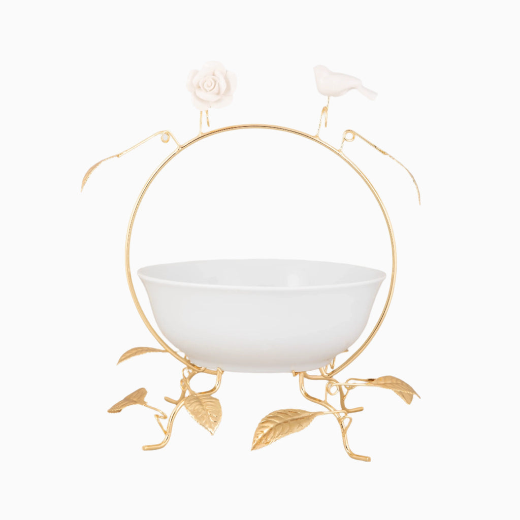 WHITE ROUND SERVING BOWL ON GOLDEN TONE STAND. NOBLE HOME GIFTS