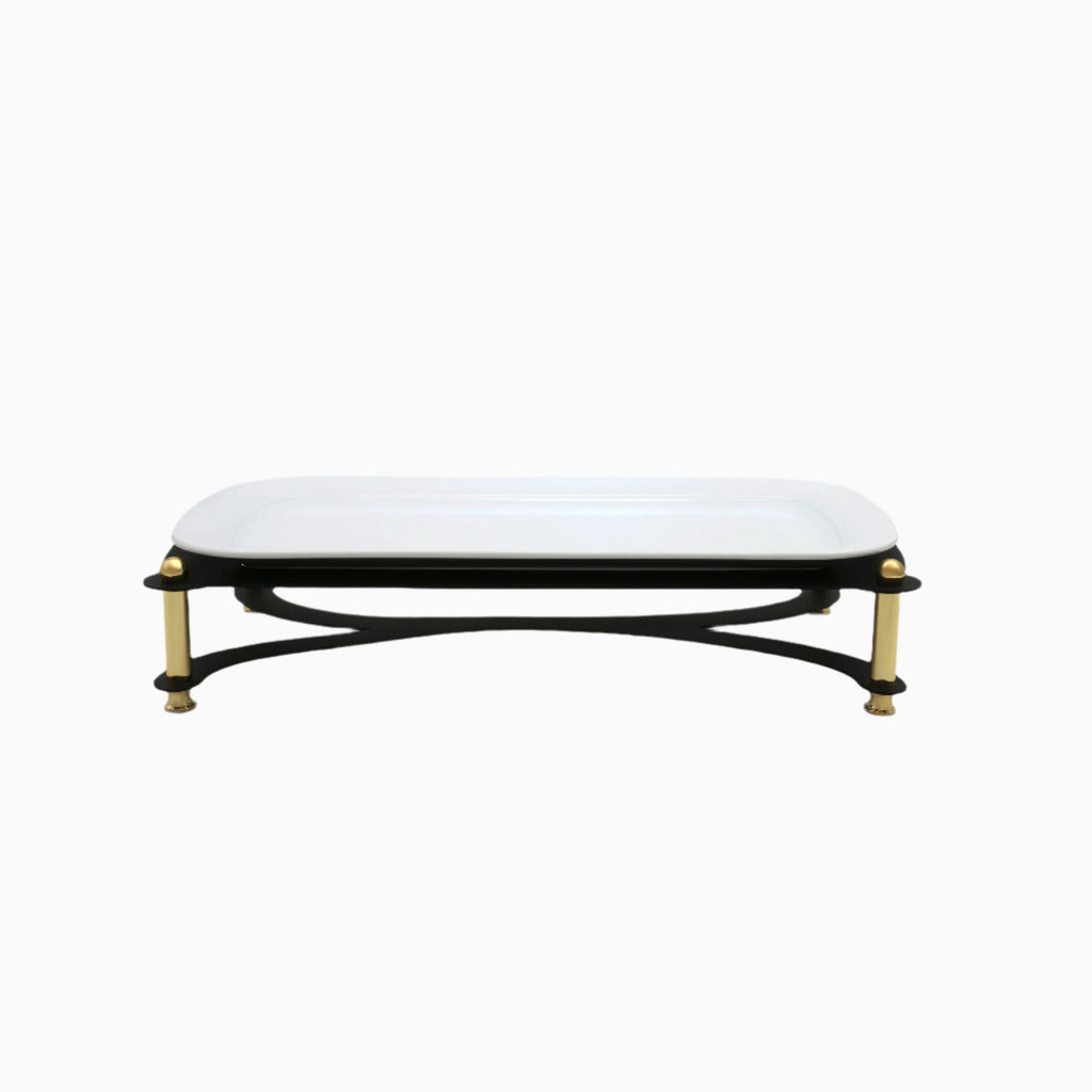 WHITE SERVING PLATE ON BLACK AND GOLD STAND. NOBLE HOME GIFTS