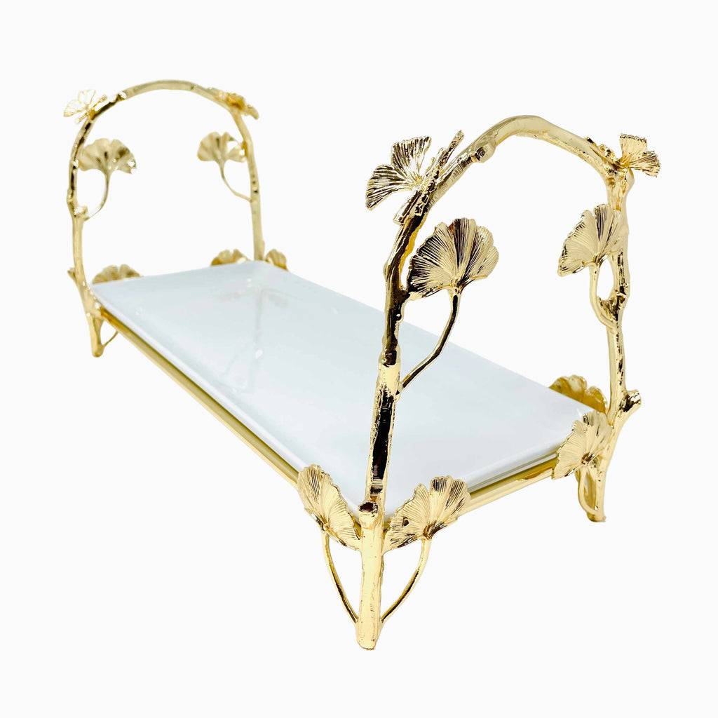 WHITE SERVING PLATE ON GOLDEN TONE STAND