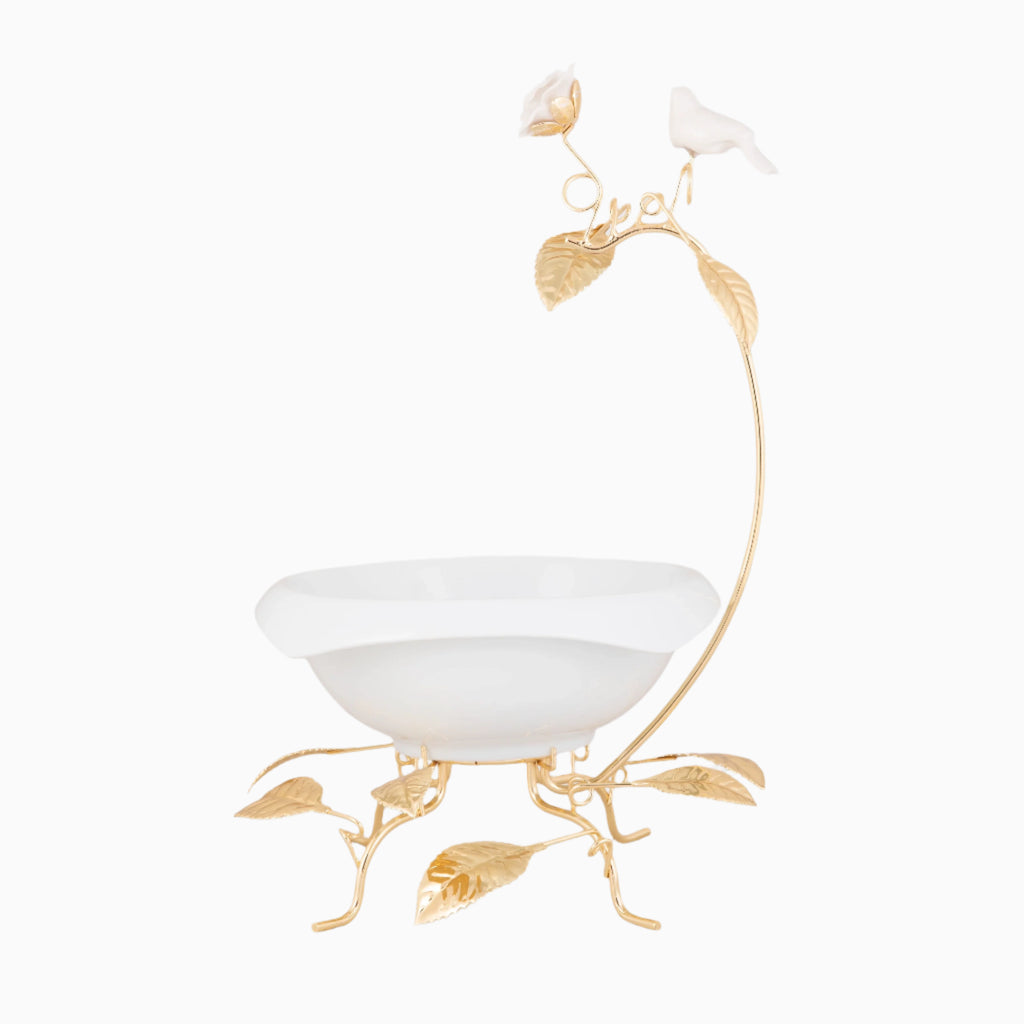 WHITE SNACK BOWL ON GOLDEN TONE STAND. NOBLE HOME GIFTS
