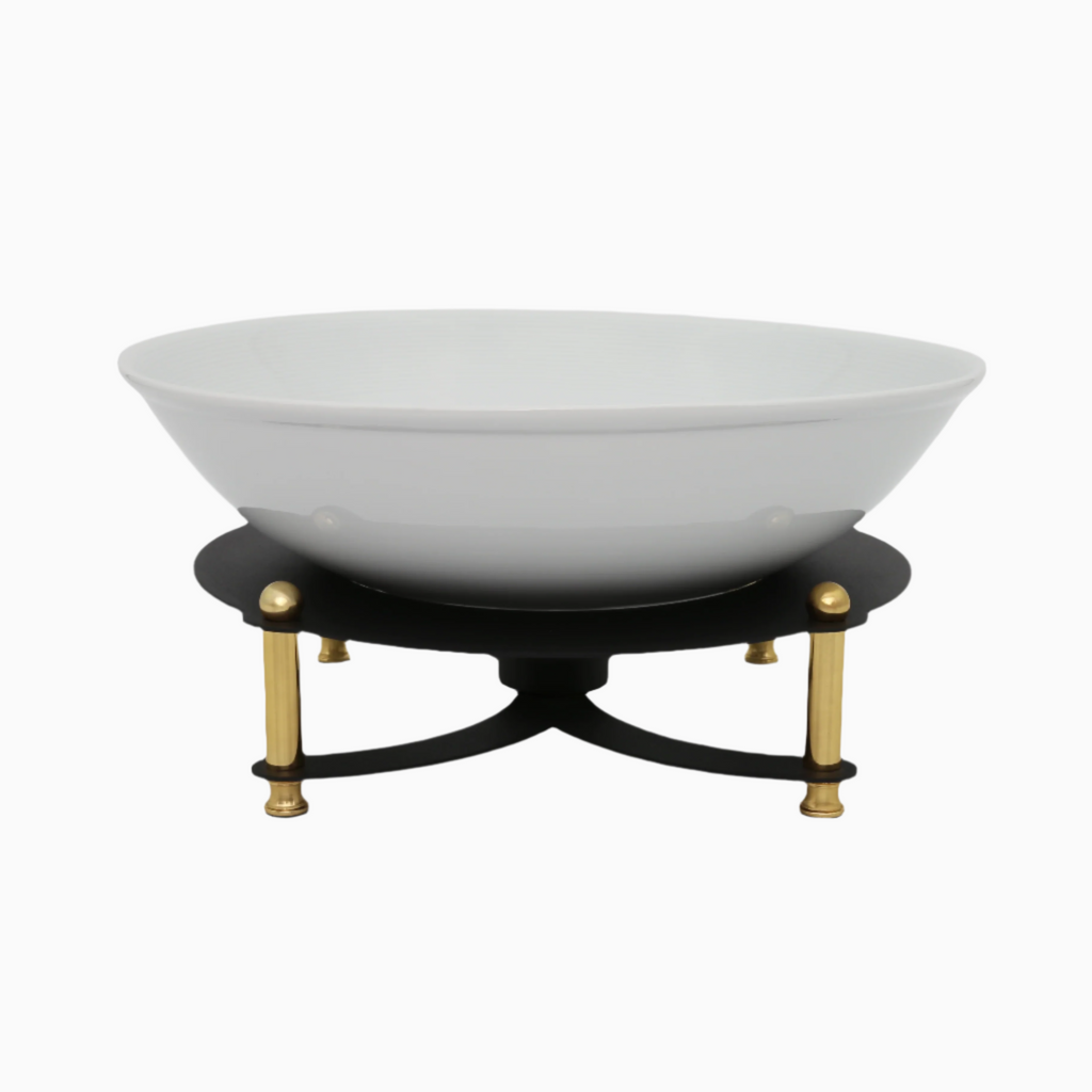 WHITE SOUP BOWL ON BLACK AND GOLD STAND. NOBLE HOME GIFTS