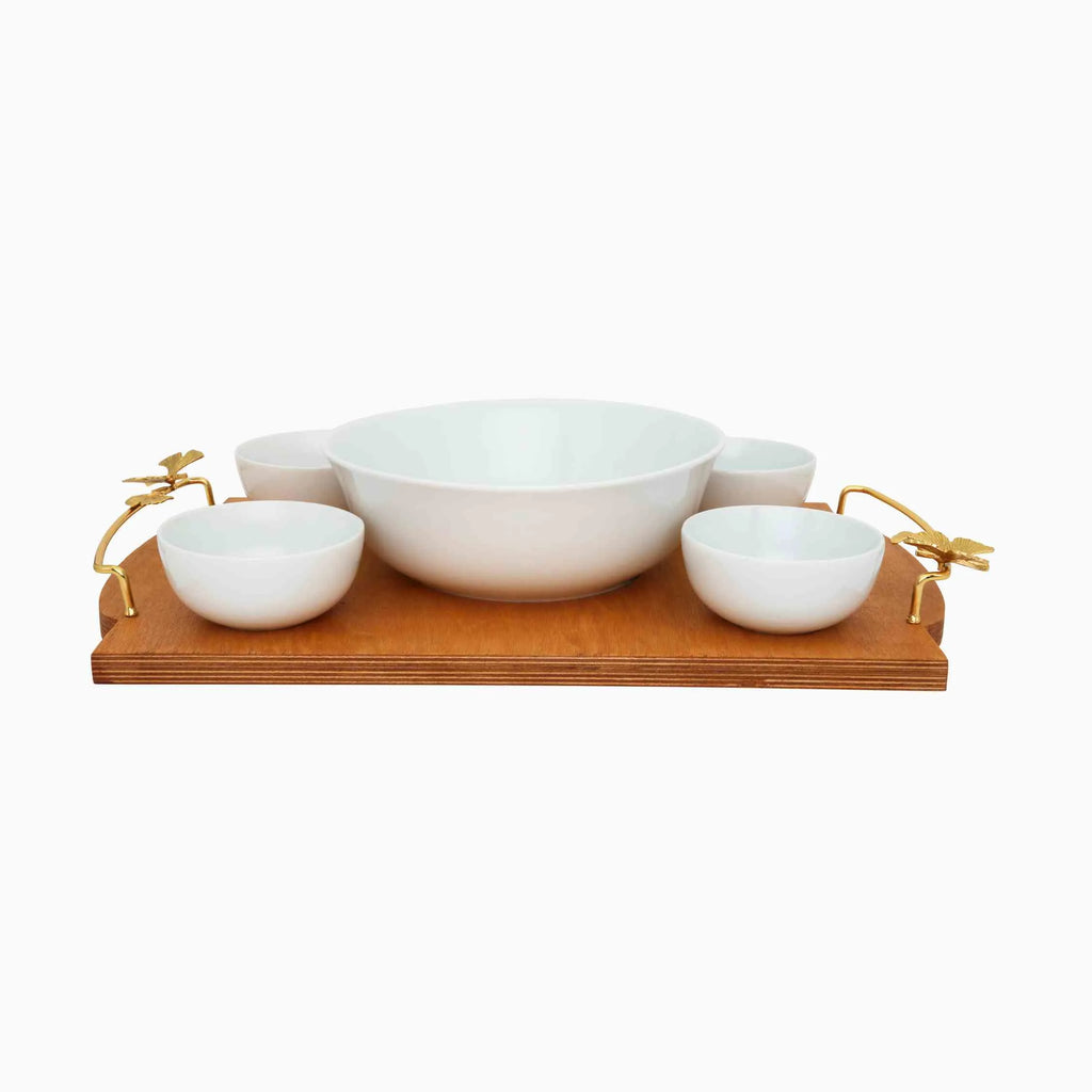 WOODEN SERVING PLATTER WITH WHITE PORCELAIN BOWLS. NOBLE HOME GIFTS