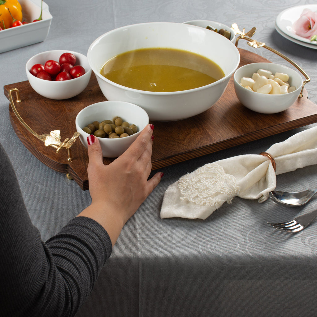 WOODEN SERVING PLATTER WITH WHITE PORCELAIN BOWLS__SERVING BOWL