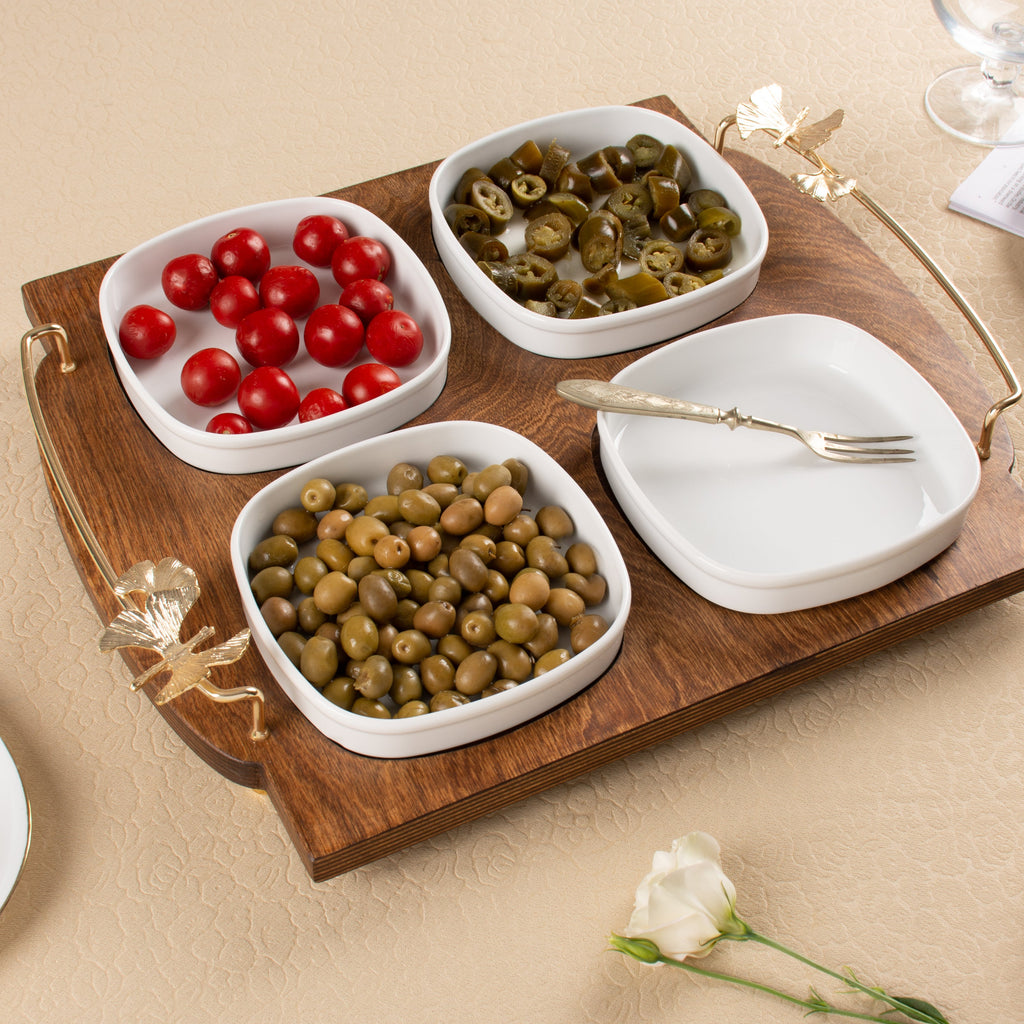 WOODEN SERVING TRAY WITH FOUR WHITE PORCELAIN  BOWLS AND GOLDEN BUTTERFLY HANDLES