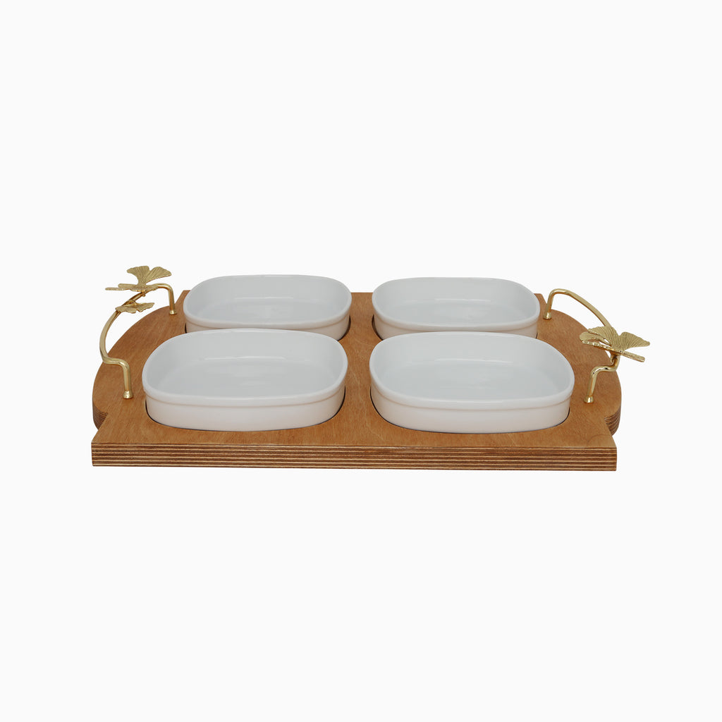 Wooden Serving Tray with Four White Porcelain Bowls and Golden Butterfly Handles. NOBLE HOME GIFTS