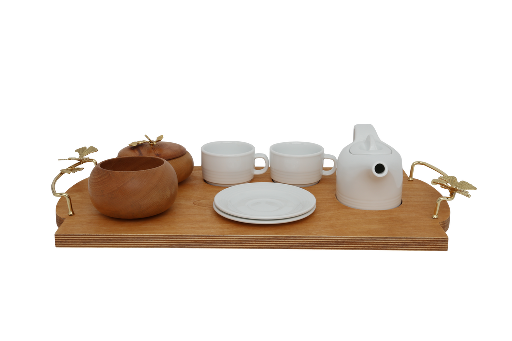 Wooden Tea Serving Tray with Gold Butterfly Handles And  Porcelain Tea Set. NOBLE HOME GIFTS