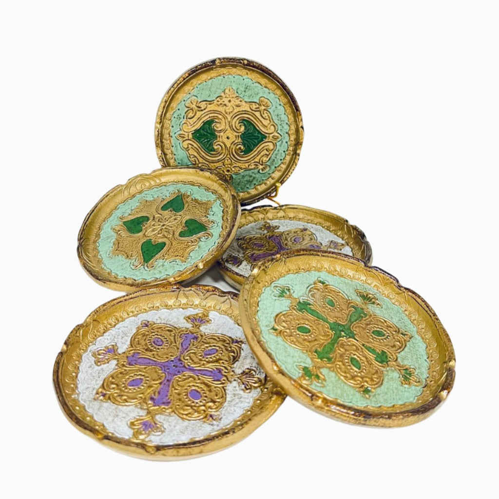 Handcrafted Italian wood coasters with intricate gold and green designs – luxury home decor and gift idea.