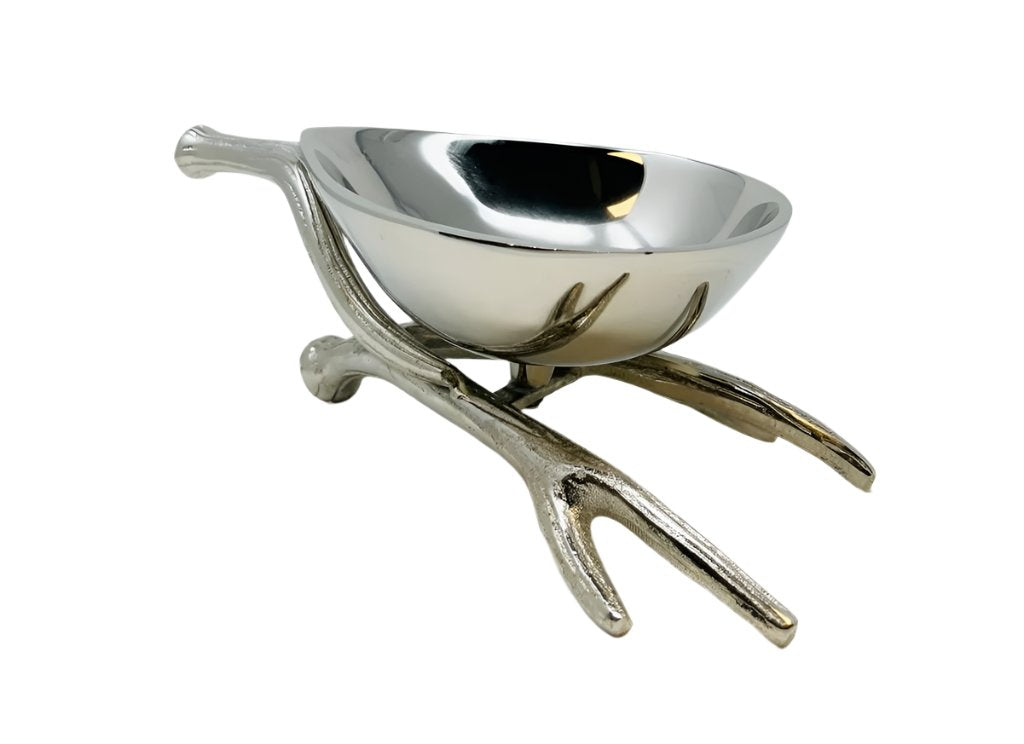 Close-up of Silver Tone Antler Stand on Snack Bowl – Deer Collection Decor