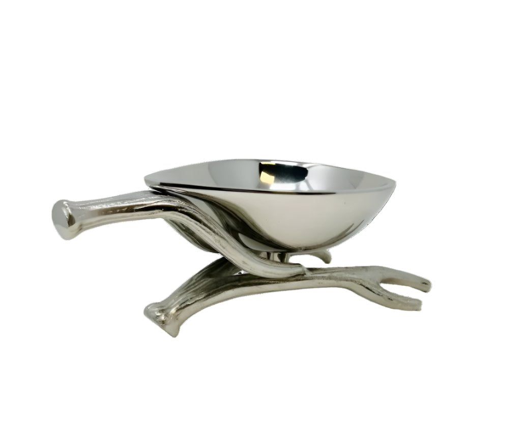 Side view of Silver Snack Bowl with Antler Stand, made from Stainless Steel and Aluminum