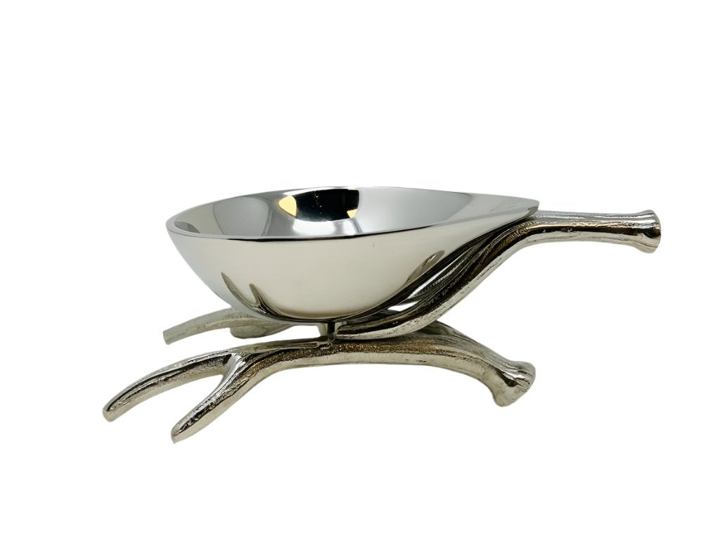 Side view of Silver Snack Bowl with Antler Stand, made from Stainless Steel and Aluminum