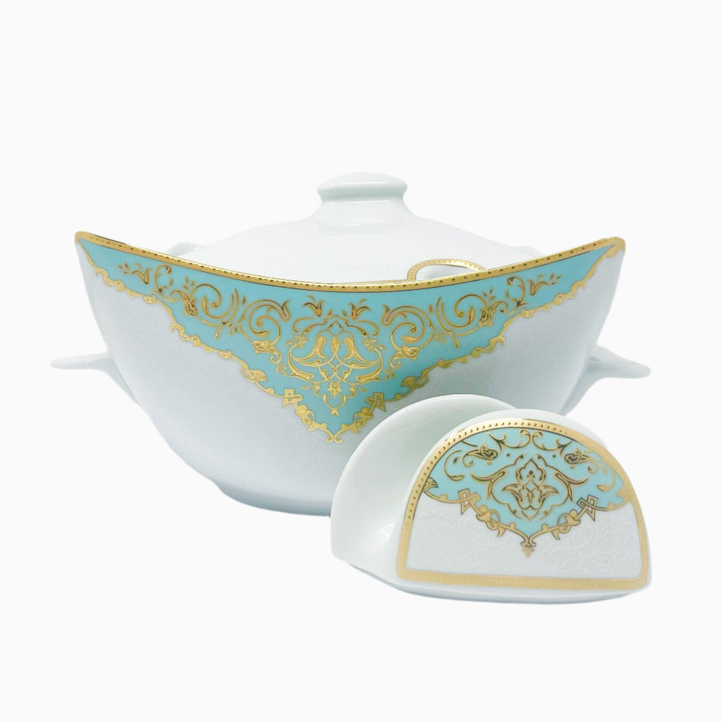 12-PERSON 105 PIECES BLUE, WHITE AND GOLD DINNERWARE SET