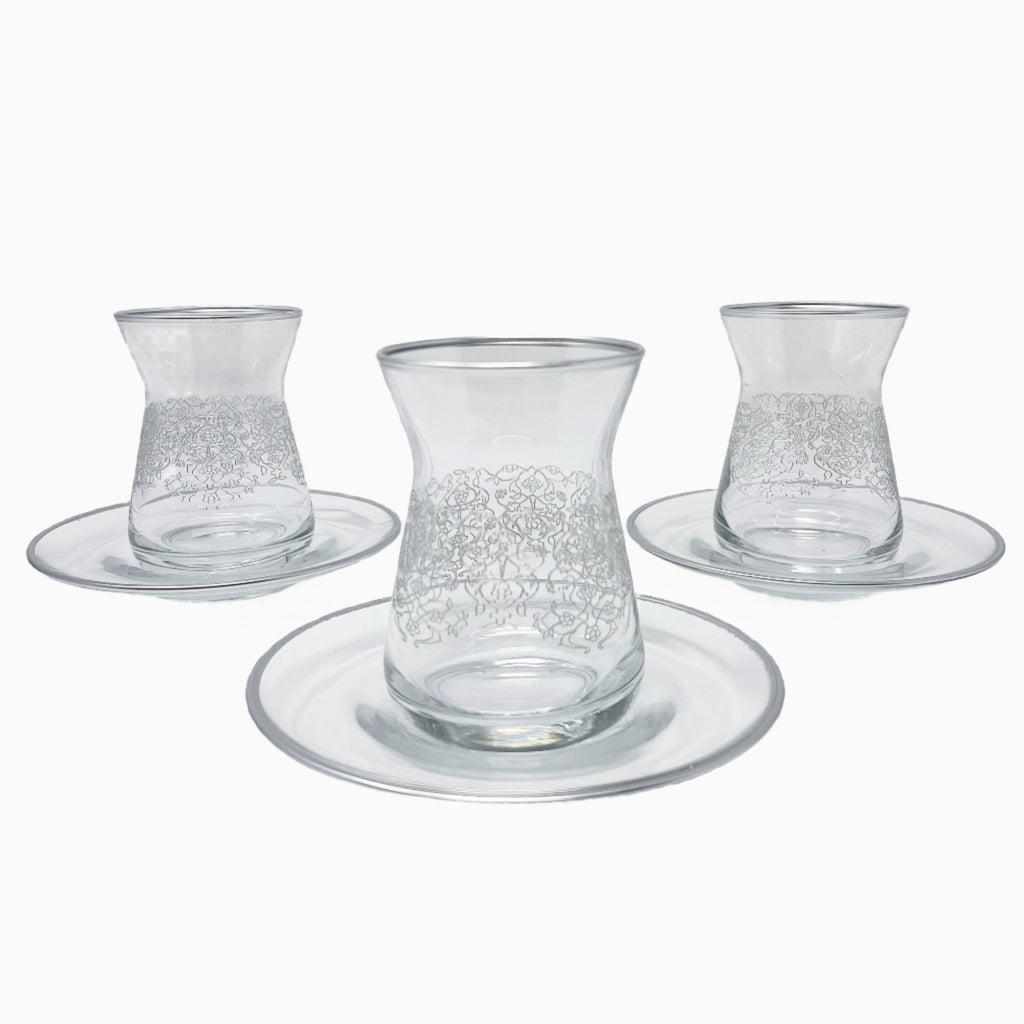 12-PIECE SILVER RIMMED GLASS TEA SET
