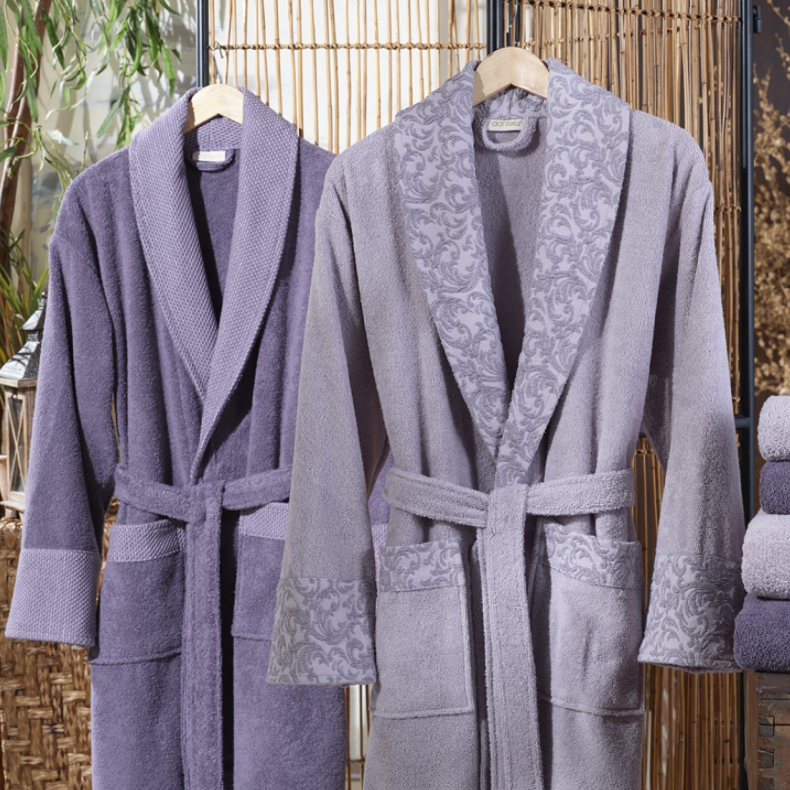 6-PIECE COTTON BATHROBE SET FOR COUPLE, PURPLE