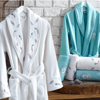 6-PIECE COTTON BLUE & WHITE BATHROBE SET
