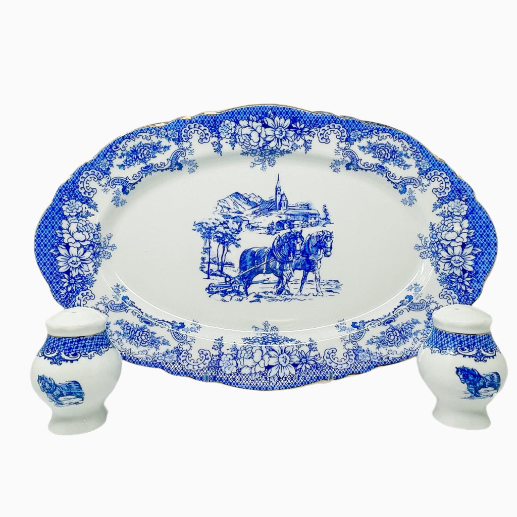 6 PERSON 30 PIECE WHITE AND BLUE DINNERWARE SET