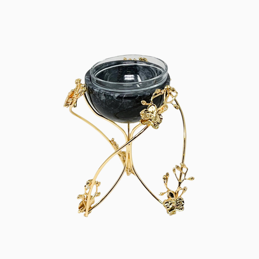 BLACK MARBLE SNACK BOWL ON GOLD ORCHID FLOWER STAND - Noble Home Gifts 