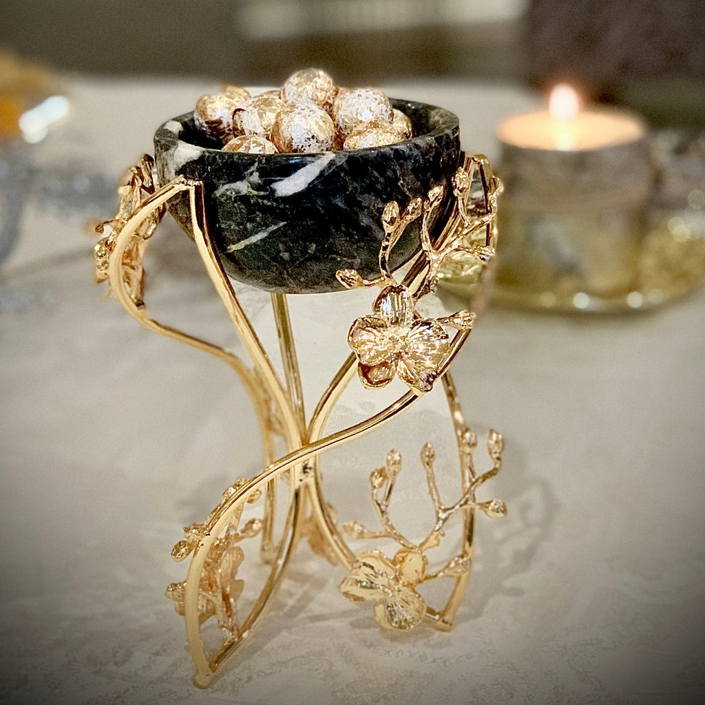 BLACK MARBLE SNACK BOWL ON GOLD ORCHID FLOWER STAND - Noble Home Gifts 