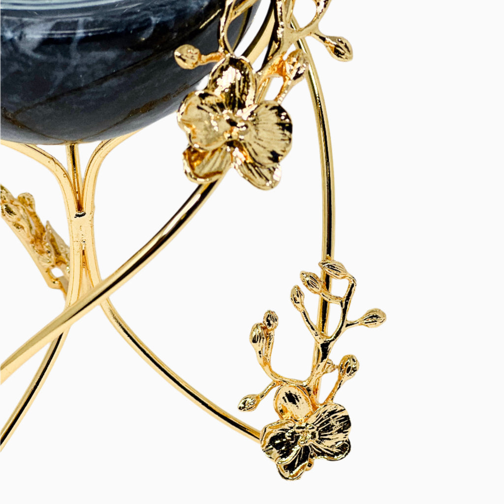 BLACK MARBLE SNACK BOWL ON GOLD ORCHID FLOWER STAND - Noble Home Gifts 