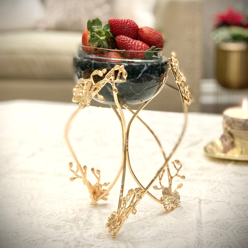 BLACK MARBLE SNACK BOWL ON GOLD ORCHID FLOWER STAND - Noble Home Gifts 