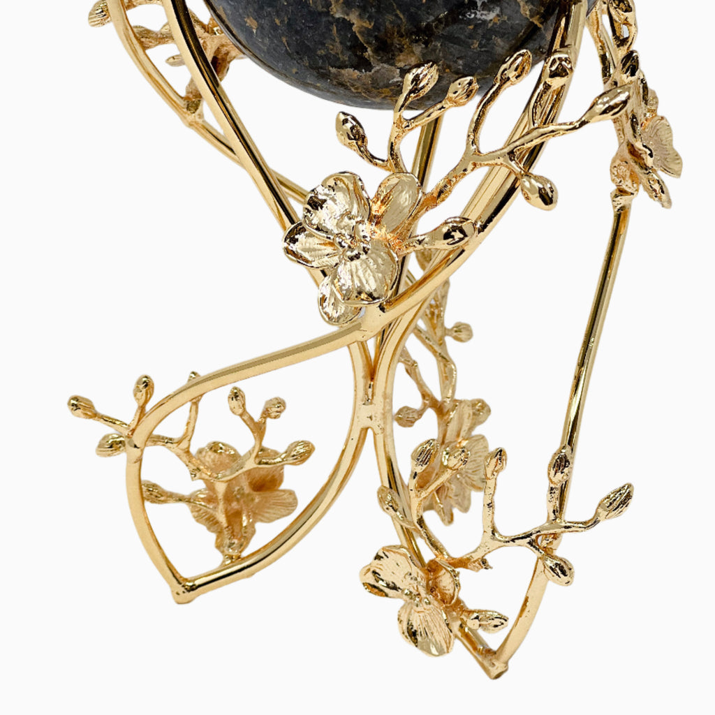 BLACK MARBLE SNACK BOWL ON GOLD ORCHID FLOWER STAND - Noble Home Gifts 