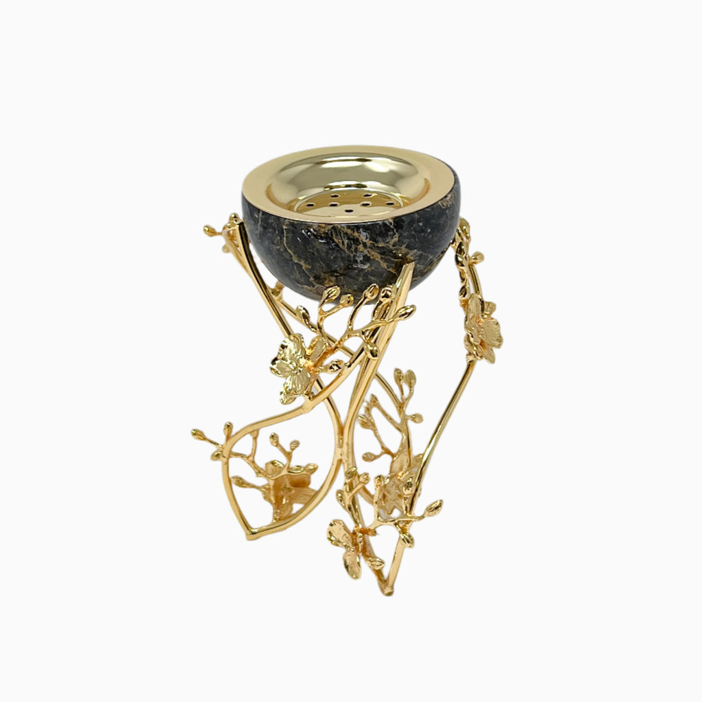 BLACK MARBLE SNACK BOWL ON GOLD ORCHID FLOWER STAND - Noble Home Gifts 