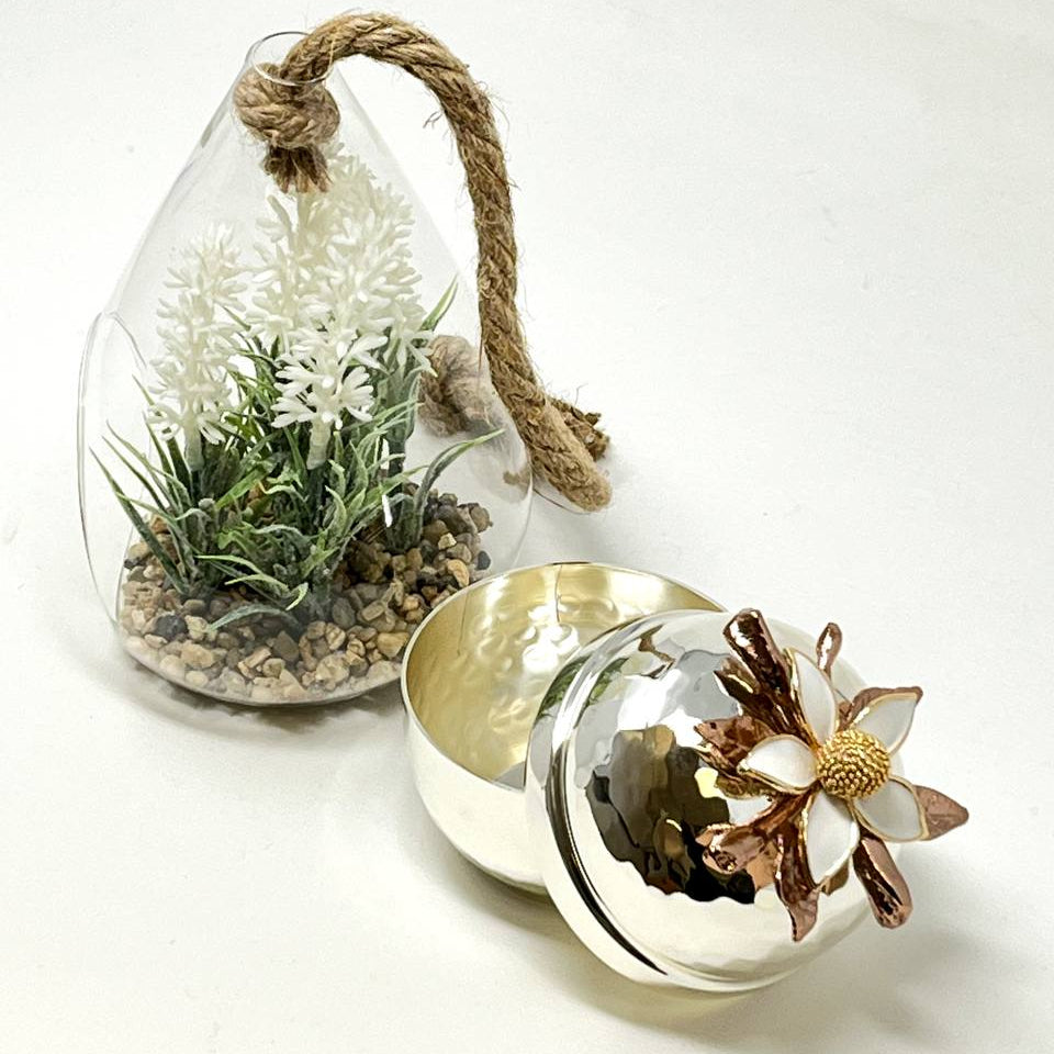 CANDY BOWL WITH LID, WHITE FLOWER SIZE #1 - Noble Home Gifts 