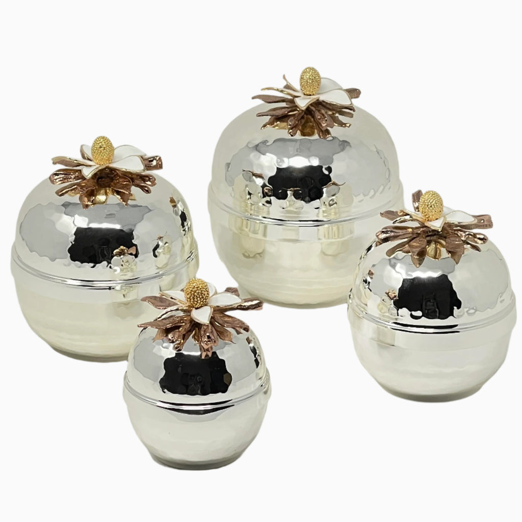 CANDY BOWL WITH LID, WHITE FLOWER SIZE #2 - Noble Home Gifts 