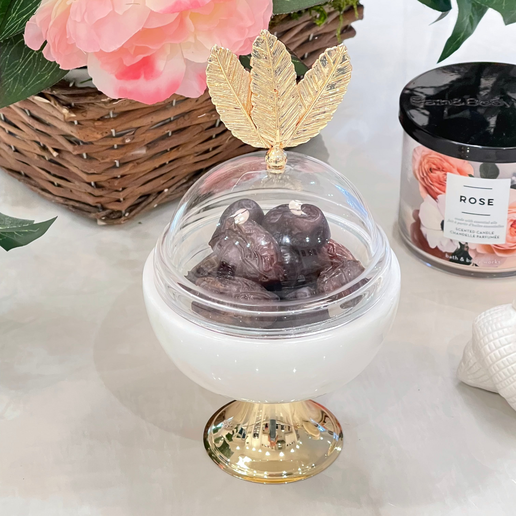 DECORATIVE WHITE MARBLE SNACK BOWL WITH FEATHER LEAF LID - Noble Home Gifts 