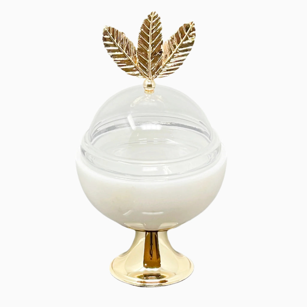 DECORATIVE WHITE MARBLE SNACK BOWL WITH FEATHER LEAF LID - Noble Home Gifts 