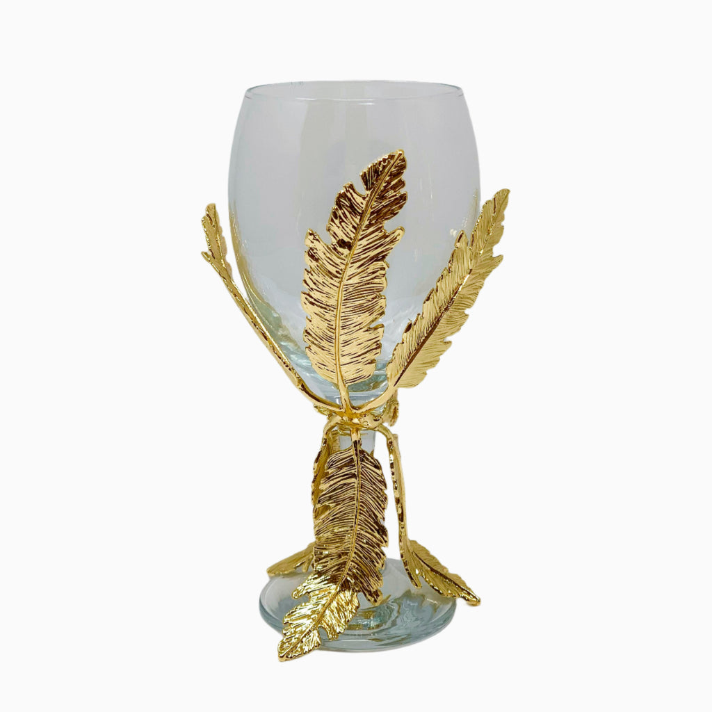 DRINKING GLASS ACCENTED WITH GOLDEN TONE LEAF