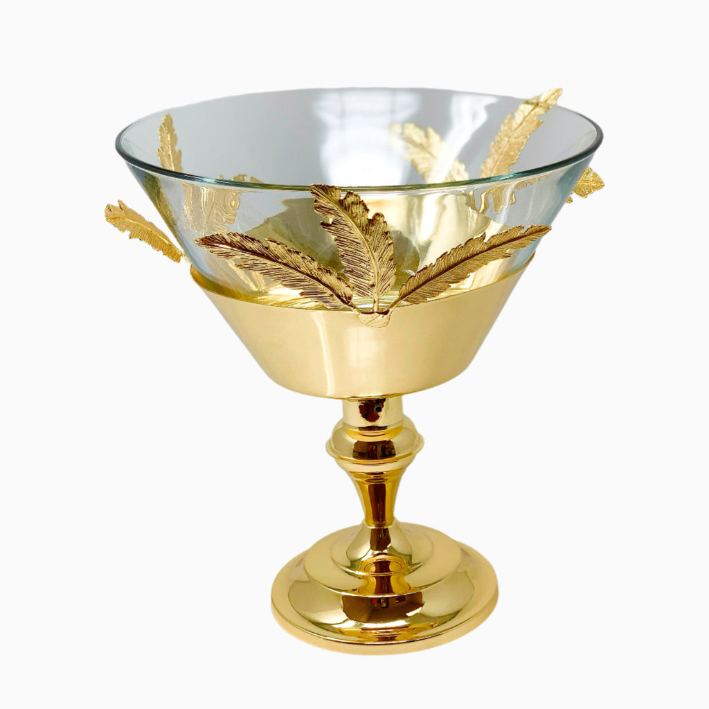 GLASS BOWL ON GOLDEN TONE FOOT STAND FROM LEAF COLLECTION