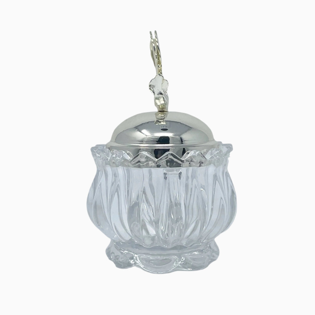 GLASS CANDY BOWL WITH SILVER TONE LID