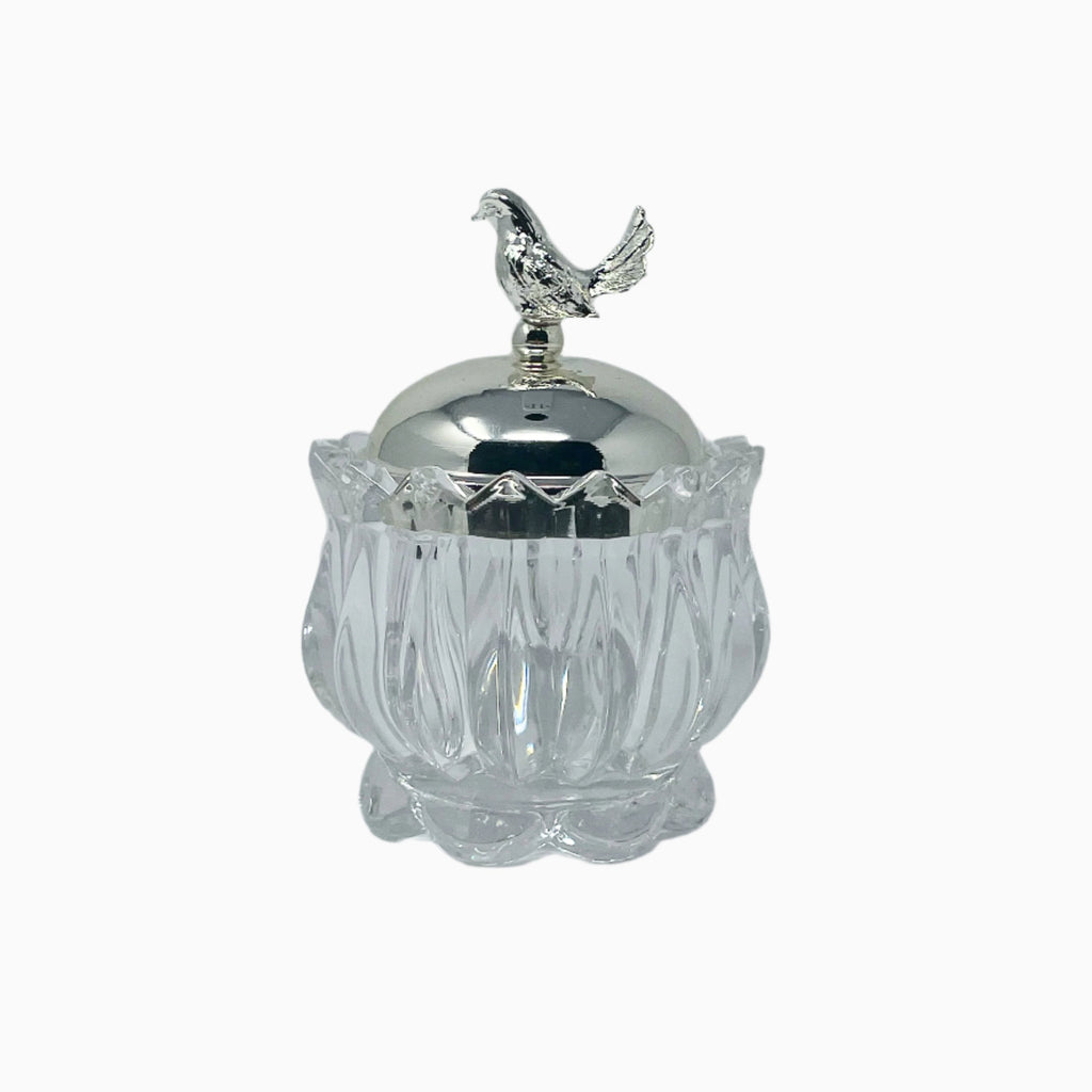 GLASS CANDY BOWL WITH SILVER TONE LID, BIRD COLLECTION. NOBLE HOME GIFTS