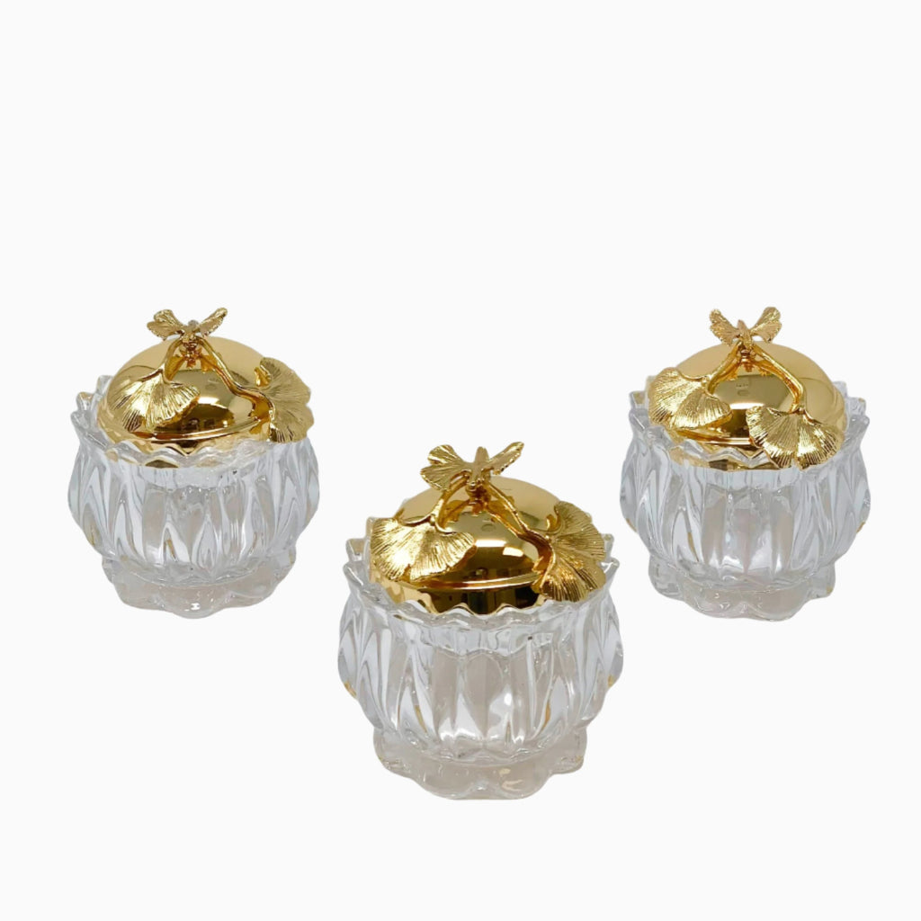 GLASS CANDY JAR WITH GOLD TONED LID, BUTTERFLY COLLECTION