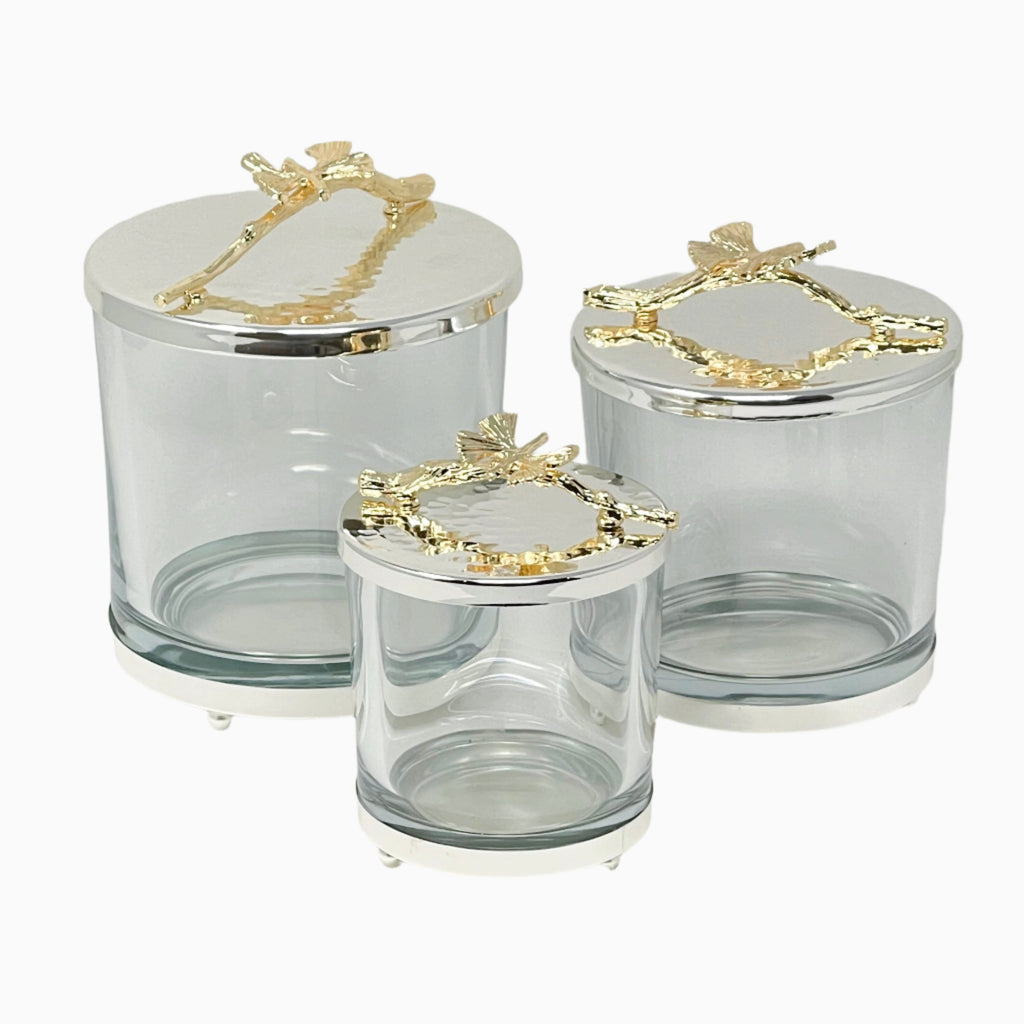 GLASS JAR SET OF 3 WITH SILVER BUTTERFLY LID