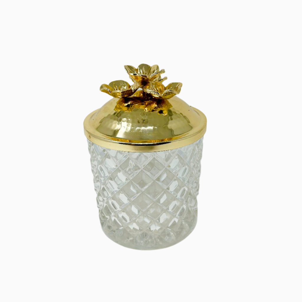 GLASS JAR WITH GOLDEN TONE LID, FLOWER COLLECTION