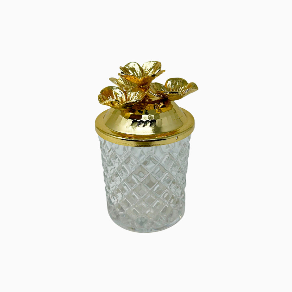 GLASS JAR WITH GOLDEN TONE LID, FLOWER COLLECTION
