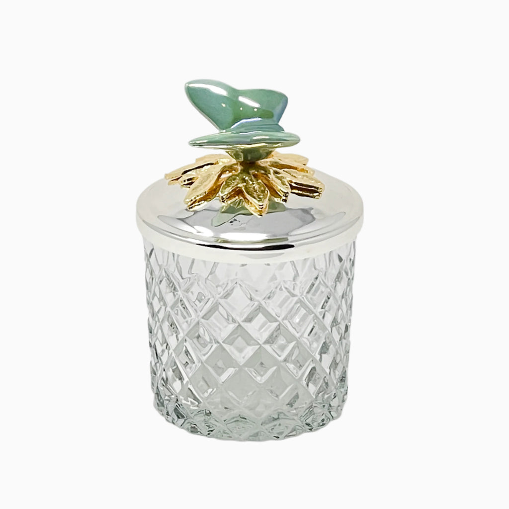 GLASS JAR WITH SILVER BUTTERFLY LID, SIZE #2