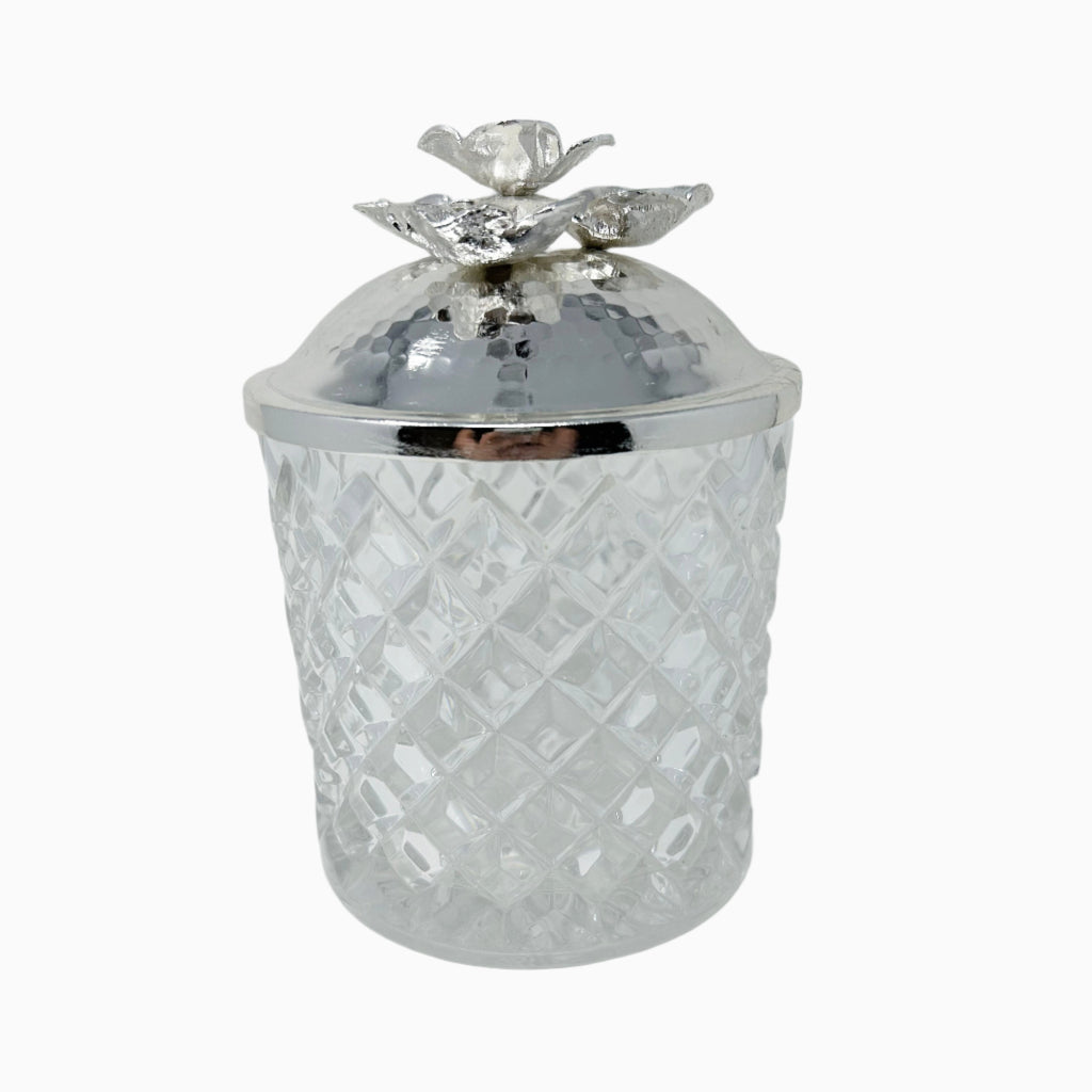 GLASS JAR WITH SILVER TONE LID, FLOWER COLLECTION