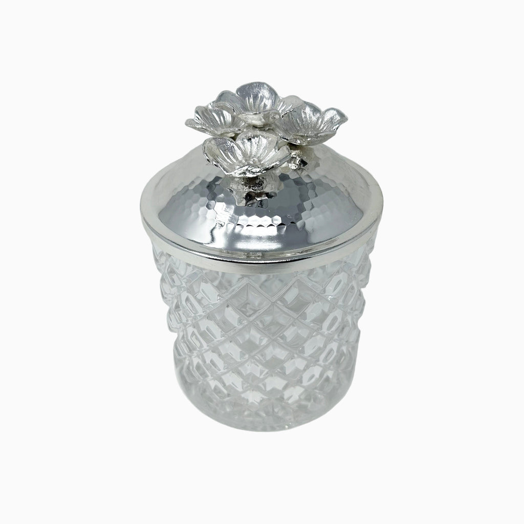 GLASS JAR WITH SILVER TONE LID, FLOWER COLLECTION